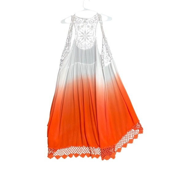 Crochet Lace Trim Kimono Vest Womens Medium Orange White Ombre Duster Boho Chic - Picture 3 of 11
